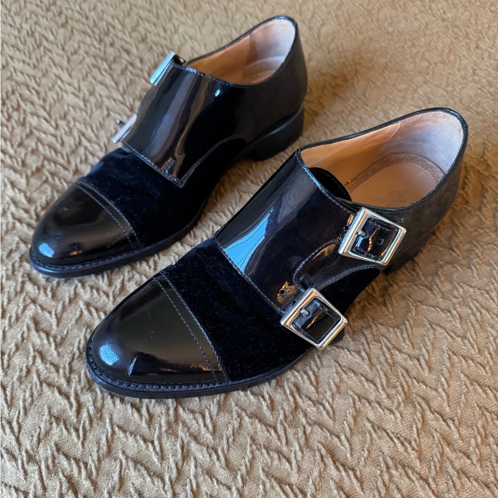 The Office of Angela Scott Leather and Velvet  Black Loafers